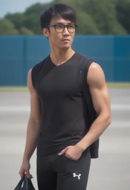 <lora:bokman:1> A photo-realistic shoot from a side camera angle about a muscular man bokman. the image also shows a 21 years old Asian male model with symmetrical body features, wearing (glasses:1.5) (black sleeveless shirt:1.5) and black sweatpants. the man, who appears to be in his early-twenties, has a muscular build and a neutral expression, aesthetic physique, a-line abs, wide trapezoidal torso, (abs:1.5) (biceps:1.3) (chest:1.3) (torso:1.7) (waist:1.2) (sculpted:1.5) (toned:1.4) (lean:1.3) (slender:1.2) body. full body, outdoor, in an airport, Lockheed Martin F-22 Raptor a fighter jet parked on runway, the lighting is bright and natural, highlighting the man's toned physique.