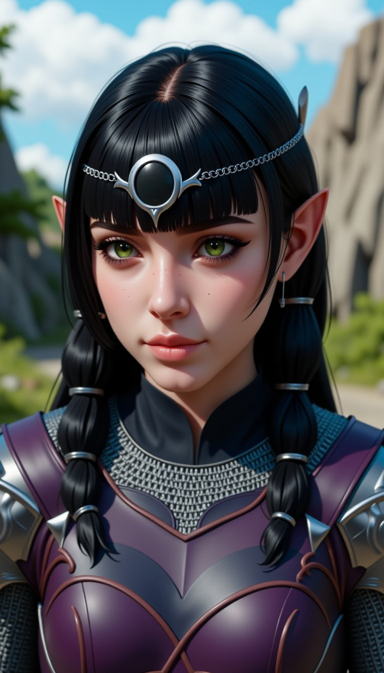a sh4d0wh34rt female character.  This is a highly detailed, realistic digital image depicting close-up of young woman with an elf-like appearance. She has long, straight black hair bangs that frame her face, and eyes are striking green. wears distinctive headpiece adorned circular, black-and-white design sits above forehead. Her skin tone fair hint freckles on cheeks.
The dressed in medieval-style armor, featuring dark purple tunic high collar, which visible at the bottom image. armor intricate, metallic details brown leather texture, shoulder pads. also silver chain mail vest covers chest upper arms.
In background, there blurred, natural landscape rocky outcrops green foliage, suggesting rural or wilderness setting. The sky partly cloudy few scattered white clouds. set against light blue gradient, giving it slightly surreal feel. overall mood one adventure readiness, subject's expression reflecting calm, focused demeanor.