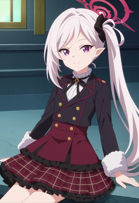 score_9, score_8_up, score_7_up, source_anime,
BREAK
1girl, solo, anime screencap, anime coloring,
<lora:shiMutsukiTrainingV1:0.9>, shianimemitsuki, long hair, purple eyes, pointy ears, white hair, sidelocks, side ponytail, black scrunchie, hair scrunchie, halo,
long sleeves, frills, black jacket, neck ribbon, red skirt, frilled skirt, plaid skirt,
looking at viewer, smile,