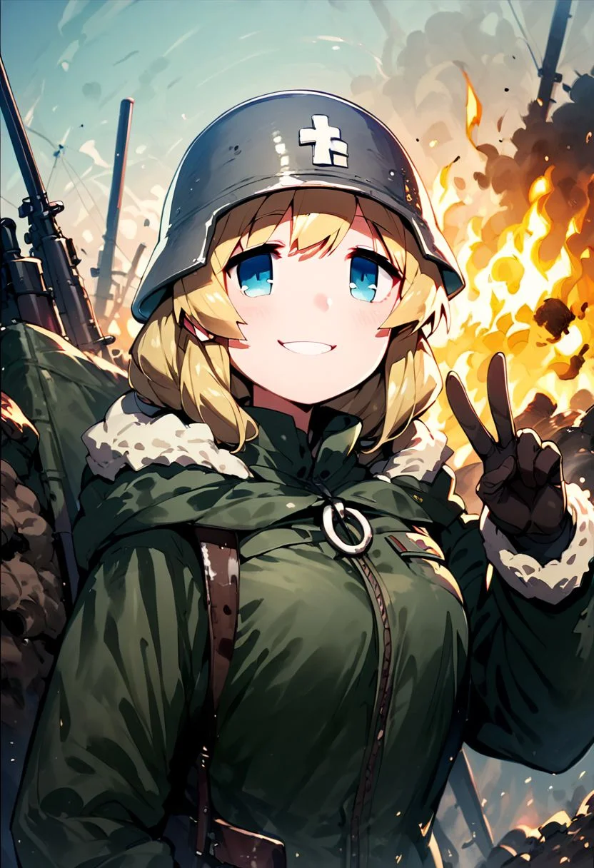 score_9,score_8_up,score_7_up,score_6_up,source_anime,trench warfare,upper body,Yuuri \(GLT\),blond,blue eyes,military helmet,military uniform,looking at viewer,smile,v,explosions,smoke,fire,zPDXL2