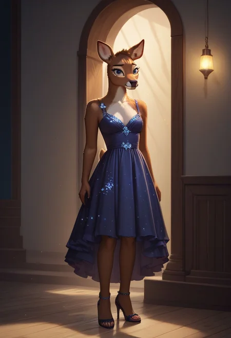 (ultra realistic, 32k, masterpiece:1.2), (high detailed skin:1.1), (high quality:1.1), source_furry,<lora:add-detail-xl:.5>, Furry, smooth image, score_7_up, score_8_up,score_9,perfect quality ,perfect shadows, perfect lighting, detailed body, female deer, ultra cute face, deer tail,moonlight, firelight, beautiful lights and shadows, ambient light, volumetric light,pennycarson,anthro, full body,night dress, standing, heels,