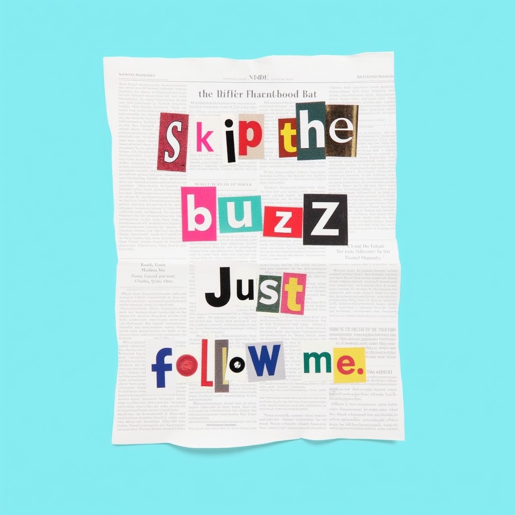A ransom note with unique colors and RANSOMFONT cut out from various digital newspapers glued onto a cyan coloured page with text: "Skip the buzz Just follow me"