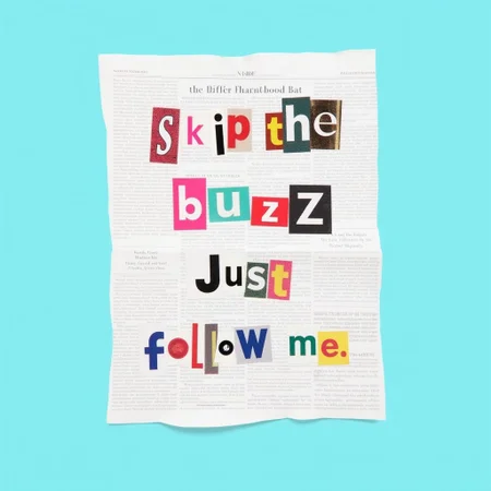 A ransom note with unique colors and RANSOMFONT cut out from various digital newspapers glued onto a cyan coloured page with text: "Skip the buzz Just follow me"