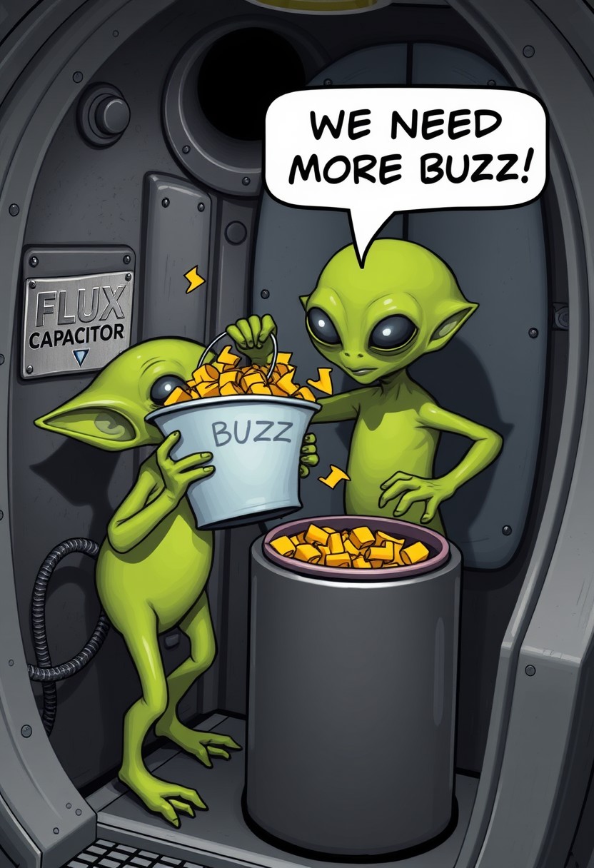 A machine with a hole on the top of it, a silver plaque on the side of the machine says "FLUX CAPACITOR". A little green alien is holding a bucket filled with little yellow thunderbolts. The bucket says "BUZZ" on it. The alien is tilting the bucket while dumping the thunderbolts into the hole at the top of the machine. The alien says "WE NEED MORE BUZZ!" in a speech bubble. All of this takes place in the aliens spaceship.