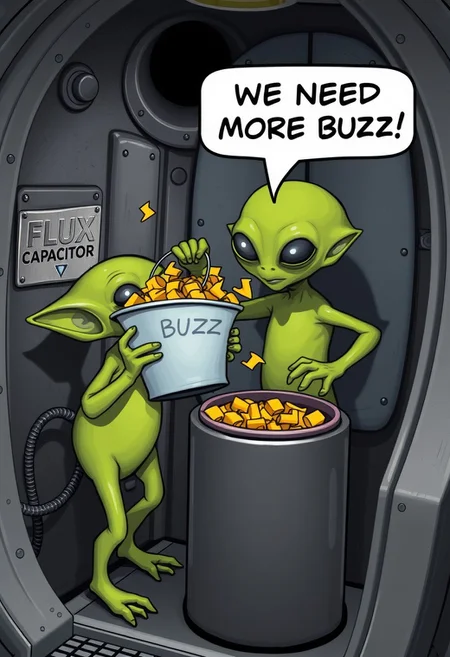 A machine with a hole on the top of it, a silver plaque on the side of the machine says "FLUX CAPACITOR". A little green alien is holding a bucket filled with little yellow thunderbolts. The bucket says "BUZZ" on it. The alien is tilting the bucket while dumping the thunderbolts into the hole at the top of the machine. The alien says "WE NEED MORE BUZZ!" in a speech bubble. All of this takes place in the aliens spaceship.