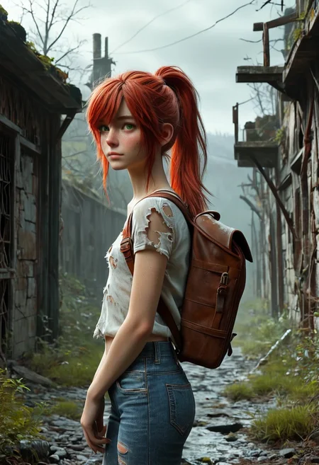 score_9, score_8_up, score_7_up, 1woman, Masterpiece, 4k, ultra high detail, 21yo, small_breast_size, long red ponytail hair, fcNeg, stunning green eyes, freckles, white skin, small nose, innocent beauty, slim cute face, skinny body, red hair,
Alerted look, dry tears, dirty clothes, dirty face,
particles,
Dark sky with stormclouds, ash, falling Ash like dark snow, ruins, wasteland, cityruins, lightly torn dark gamer_shirt, heavy_torn_dirty_skinny_jeans, dirty_clothes, used_camping_backpack,
End of the World,
negative_hand, NightScapes, ng_deepnegative_v1_75t, green eyes, perfecteyes,