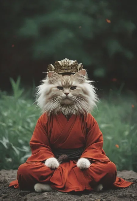 Capturing serenity amidst boundless solitude: a powerful image of a fluffy ninja cat draped in flowing feudal garb, large sedge-hat, meditating in lotus position upon an endless, sunless expanse. As she hovers, an aura emanates from her, growing in intensity as it extends beyond her Till it explodes in the far, reminiscent of expanding ripples of sound. The neon hues of her aura paint the air, a vivid testament to her inner strength and focus.
creating a surreal normal scene with translucent DARK Red and beige details, colorful (polaroid:0.7) with vibrant colors, (vacations, high resolution:1.3), (small, selective focus, european film:1.2), closeup