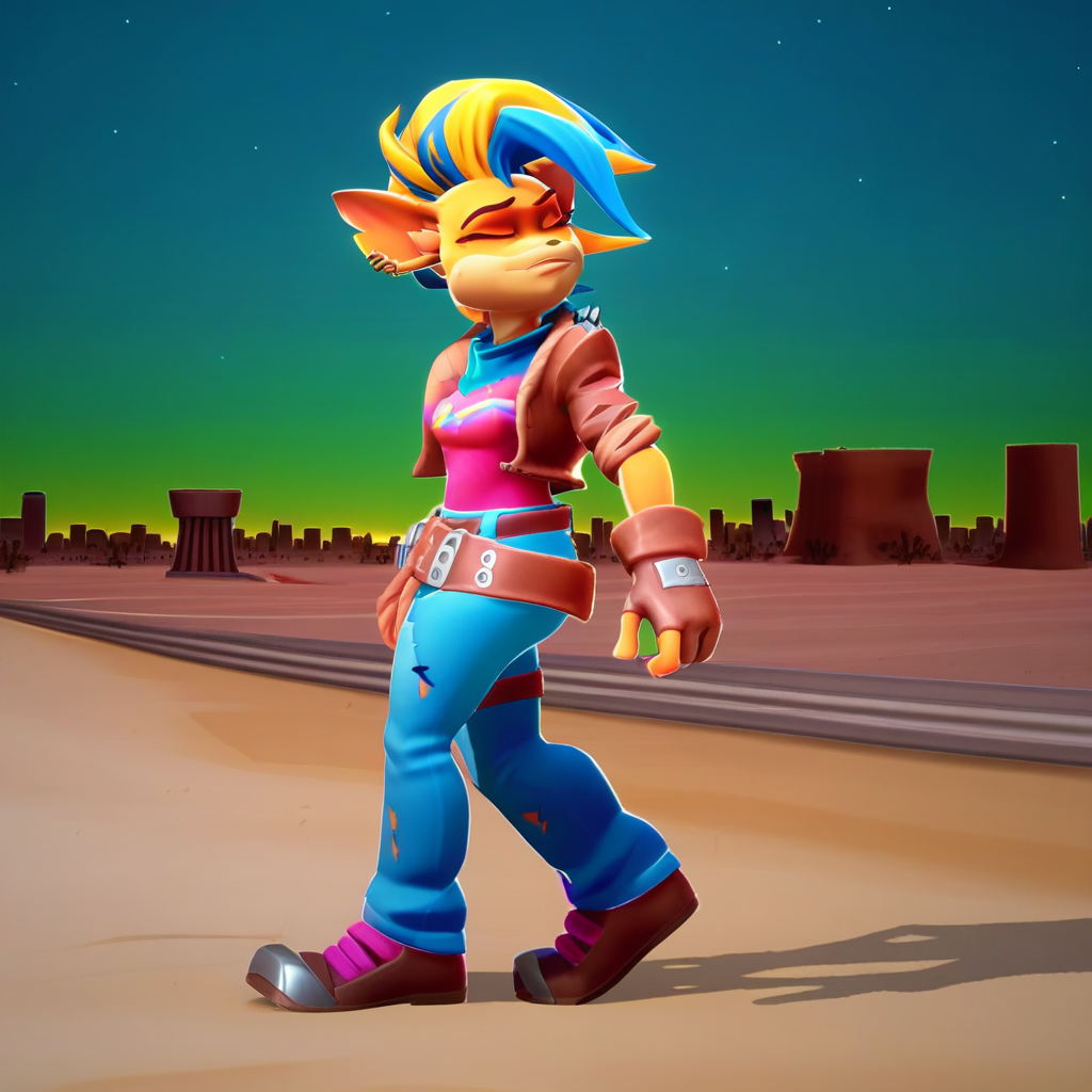 over shoulder, pink top, cityscape, tawna bandicoot, brown brown leather jacket, desert, walking away, blue patched pants, spiky faux-hawk, night, solo, furry female, closed eyes, leather belts, full body, weapon over shoulder, sunset, brown fingerless gloves, side view, outdoors, looking up, fingerless gloves, denim, portrait