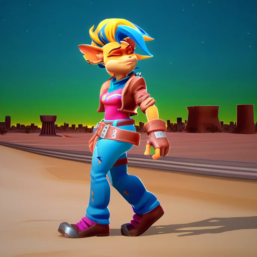 over shoulder, pink top, cityscape, tawna bandicoot, brown brown leather jacket, desert, walking away, blue patched pants, spiky faux-hawk, night, solo, furry female, closed eyes, leather belts, full body, weapon over shoulder, sunset, brown fingerless gloves, side view, outdoors, looking up, fingerless gloves, denim, portrait