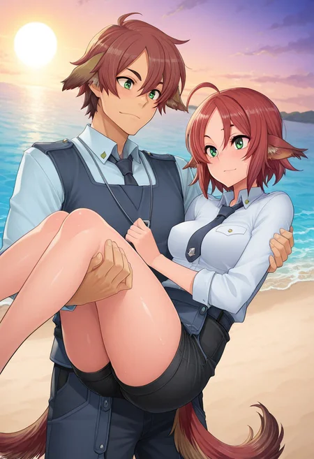 masterpiece, best quality, amazing quality,, (1girl, solo) noa riads, animal ears, green eyes, tail, brown hair, short hair, ahoge, dog ears, dog tail,  medium breasts , ,uniform, necktie, pants,, beach, ocean, sand, outdoors, sun , ,(1boy, princess carry,fom_march, red_hair) , (skindentation:1.2), shiny skin, shiny body, shiny hair, (best quality) , (highly detailed) ,((masterpiece)), ((best quality)), (ultra-detailed), ((extremely detailed)), (high resolution), 4K, (8K), best quality, (beautiful), (dynamic lighting), (super detailed skin), sharp focus,detailed eyes、detailed face and detailed skin detailed eyes、detailed face and detailed skin,  skindentation, clear skin, shiny hair, ultra detailed eyes, depth of field, sharp, intricate details, hyperdetailed, shindol,