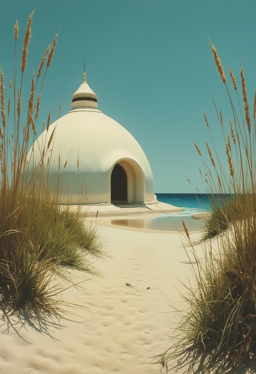 70's surreal Dark fantasy art of a beach scene with a large dome-shaped structure on the left side, The dome is white and has a dome-like shape with a pointed top and a small dome on top. It is located on a sandy beach with tall grasses on either side.