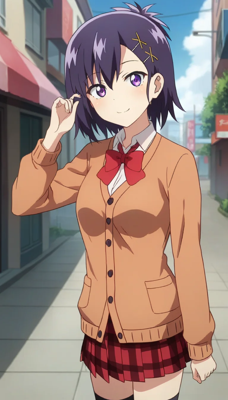 score_9,score_8_up,score_7_up,score_6_up BREAK official art,solo,outdoors,cowboy shot,looking at viewer,facing viewer,smile,blush,Vignette Tsukinose April,short hair,purple hair,topknot,x hair ornament,hairclip,hair between eyes,bangs,purple eyes,orange cardigan,red bowtie,collared shirt,white shirt,medium breasts,red skirt,plaid skirt,pleated skirt,black socks,uwabaki,<lora:Vignette Tsukinose April(gd)-Pony:1.4>,