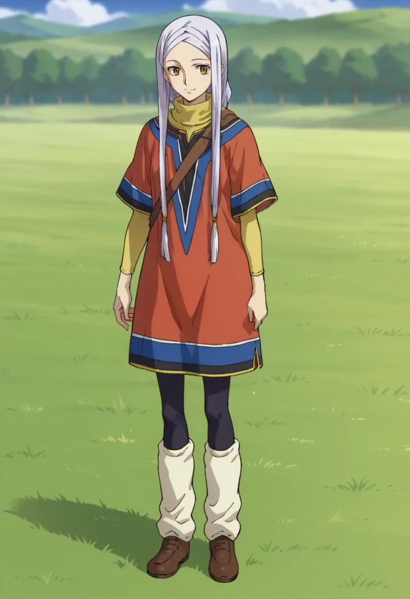 score_9,score_8_up,score_7_up,score_6_up,score_5_up,score_4_up,anime coloring BREAK source_anime,anime,<lora:Soma_Peries_Gundam_00_Pony:0.8>,somas2,1girl,solo,yellow eyes,white hair,long hair,braided bangs,braid,poncho,shoulder bag,pantyhose,leg warmers,smile,standing,outdoors,grass field,