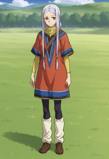 score_9,score_8_up,score_7_up,score_6_up,score_5_up,score_4_up,anime coloring BREAK source_anime,anime,<lora:Soma_Peries_Gundam_00_Pony:0.8>,somas2,1girl,solo,yellow eyes,white hair,long hair,braided bangs,braid,poncho,shoulder bag,pantyhose,leg warmers,smile,standing,outdoors,grass field,