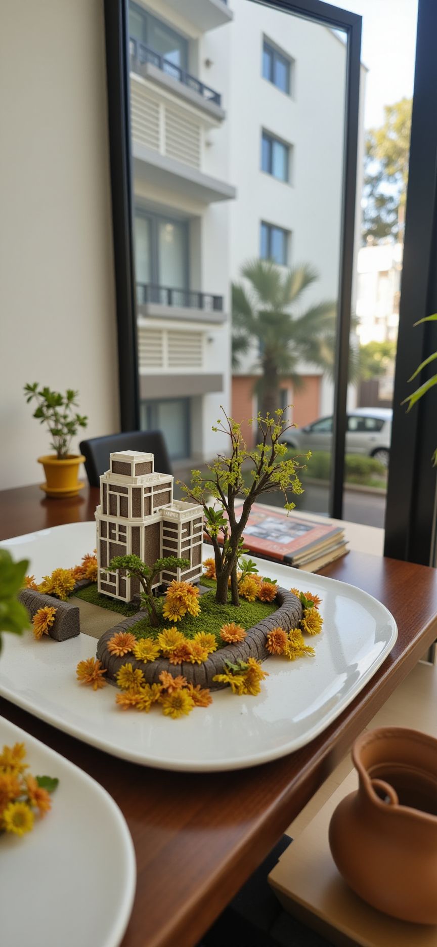 ( study,indoor,tilt-shift lens:1.8), (miniature,diorama,die-cast,PVC,plastic:2) of (stasis _chamber:1.5), gradation,(very clear sky,autumn:1.3),  (modern apartment:2) (in wide  plates:1.3) (on  table:1.3) <lora:JJsApartment_Flux:0.7>