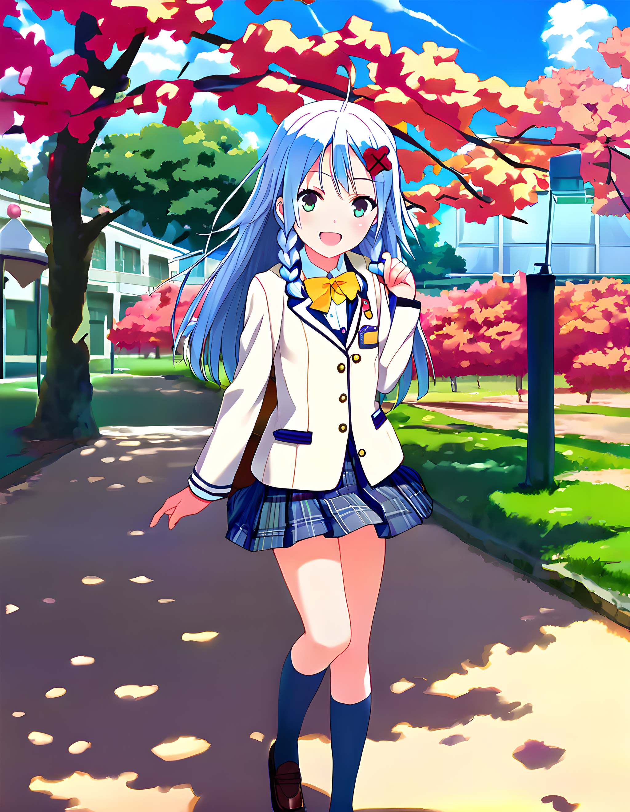 score_9,score_8_up,score_7_up,source_anime,1girl,solo,looking at viewer,school uniform,blazer,white jacket,long sleeves,buttons,yellow bow,bowtie,pleated skirt,plaid skirt,miniskirt,kneehighs,blue socks,black footwear,park,day,looking_at_viewer,smile,laughing,standing,hair fluttering in the wind,available light,nature,the dappled sunlight that filters through the leaves of trees,sunny weather writing,lens_flare,<lora:pony_xl_rain_v2:0.9>,rain,