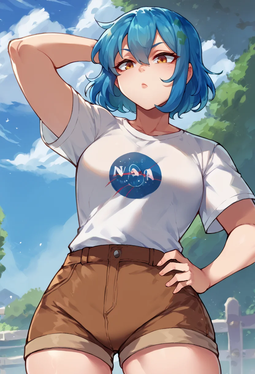 score_9, score_8_up, score_7_up,  <lora:gijinkaseries_earth_ponyXL:1>  earth-chan white shirt, short sleeves, brown shorts one hand on her hip, one hand behind her head <lora:mfcgXL:1>