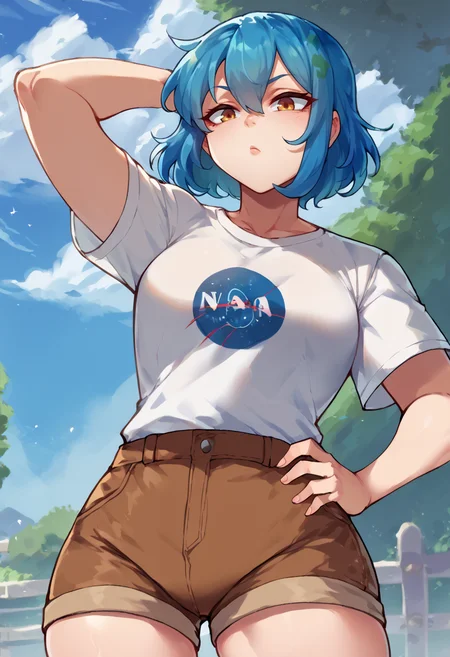 score_9, score_8_up, score_7_up, <lora:gijinkaseries_earth_ponyXL:1> earth-chan white shirt, short sleeves, brown shorts one hand on her hip, one hand behind her head <lora:mfcgXL:1>