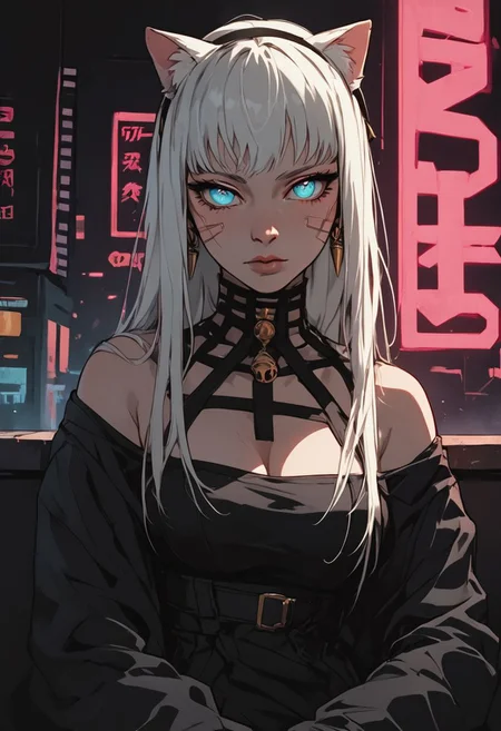 (score_9, score_8_up), score_7_up, zPDXL, 1girl, white hair, long hair, blue eyes,  looking at viewer,  cyberpunk background, film grain, cowboy shot, sinozick style, pretty face, pretty eyes, neat eyes, large breasts, background city,  perfect eyes, catgirl, neon, futuristic, bar, sitting, random pose, Marvellous eyes, no tail, neon , <lora:BioPunky:1>,portrait,<lora:dark_techwear:1>,<lora:_sdxl-sf-yor_briar:1>, <lora:Sinozick_Style_XL_Pony:1>,