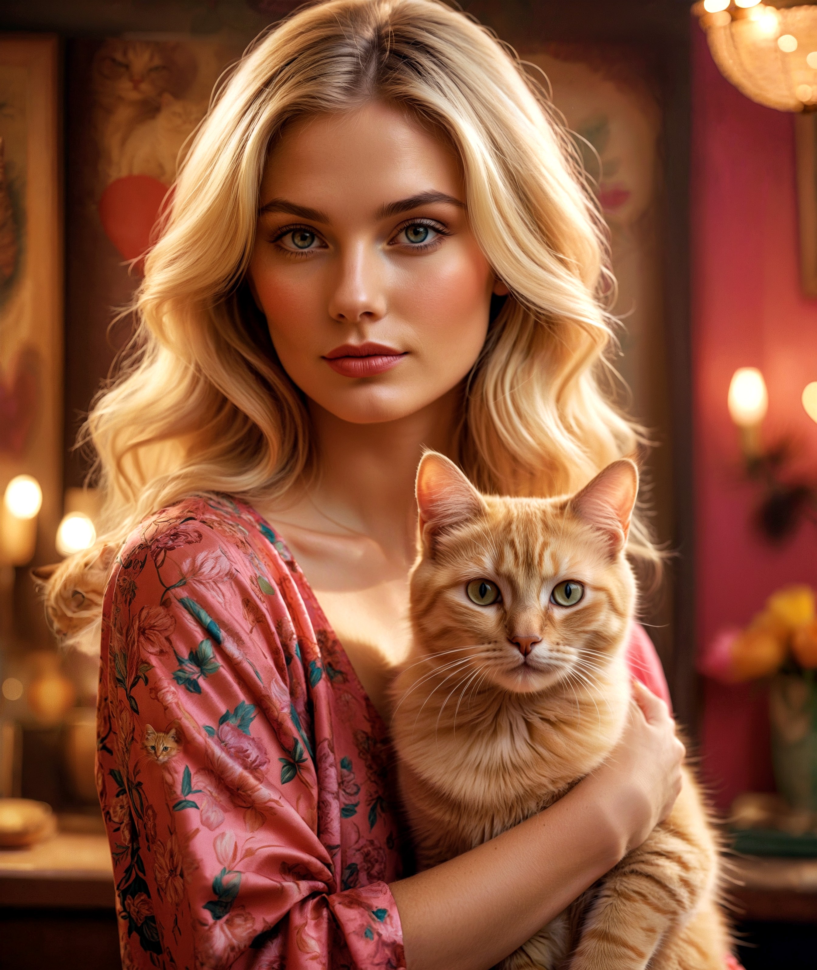 Photograph of a beautiful blonde woman holding a Cat , 1970s backdrop filled with chic illustrations, lush brushstrokes, valentine motifs, in vibrant colors, highly detailed, ultra-realistic.