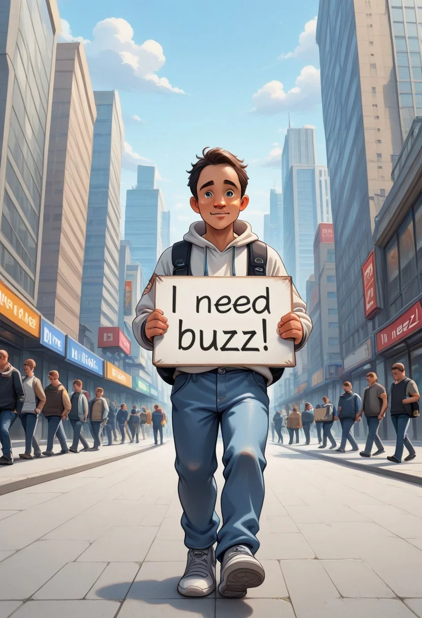 need_buzz, holding sign, ((panel with message "I NEED BUZZ, PLEASE")), (((1boy))), teenager, walking, big city background, looking at viewers, panel in front of boy