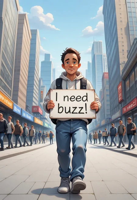 need_buzz, holding sign, ((panel with message "I NEED BUZZ, PLEASE")), (((1boy))), teenager, walking, big city background, looking at viewers, panel in front of boy