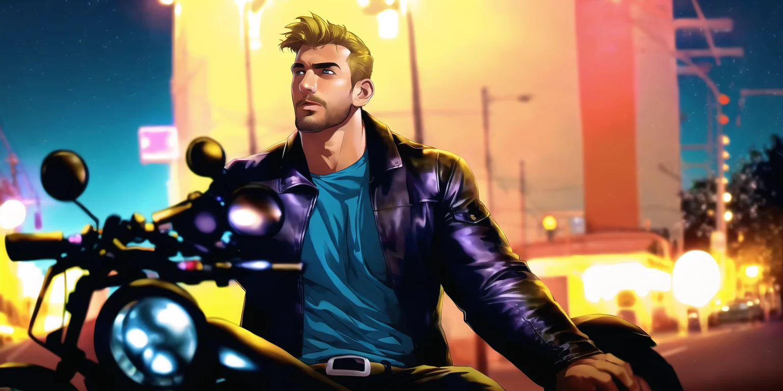 masterpiece, best quality, highres, absurdres, (realistic:1.2), ground vehicle, 1boy, male focus, a homoerotic man sitting on top of a motorcycle, motor vehicle, jacket, blonde hair, leather jacket, solo, leather, realistic, tree, shirt, suburbs, (night:1.1), streetlight, blue eyes, motorcycle, plaid shirt, blurry background, road, plaid, facial hair, short hair, black jacket, depth of field, blue shirt, barechest, open clothes, long sleeves, collared shirt, pectorals, chest hair, thick brows, greaser, film grain, rebel without a cause