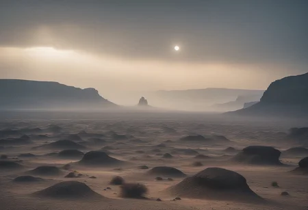 A vast caravan migrates through a barren desert valley, leading to a colossal weathered plain under a hazy sky, stony grays, a dense gray mist clogs the air with a soft ethereal glow,