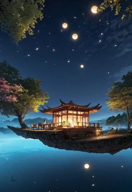 outdoors, The island floating in the air, human, bulding night, , (low light), top-down view, firefly -ar 9:16, high saturation, high contract