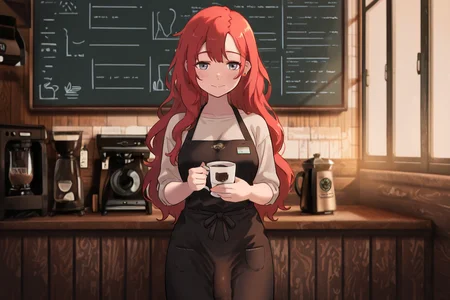 masterpiece, score_9, score_8_up, score_7_up, highly detailed, ultra-detailed, cinematic lighting, soft warm glow, cozy atmosphere,
1futa, long red hair, vibrant red hair, wavy hair, nose piercing, ear piercings, silver jewelry, barista, coffee shop worker, wearing apron, stylish casual outfit, warm smile, friendly expression,
behind the counter, holding a coffee cup, steaming coffee, rustic wooden counter, espresso machine, chalkboard menu in the background, café ambiance, soft blurred background, warm color palette, inviting atmosphere, <lora:DownbulgeIL:1> ,down_bulge, <lora:Kamuo:1>, Kamuoo, <lora:NOOB_vp1_detailer_by_volnovik_v1:1>, <lora:add-detail-xl:1> ,<lora:SkindentationIL3.4_alpha16.0_rank32_full_400steps:3>,