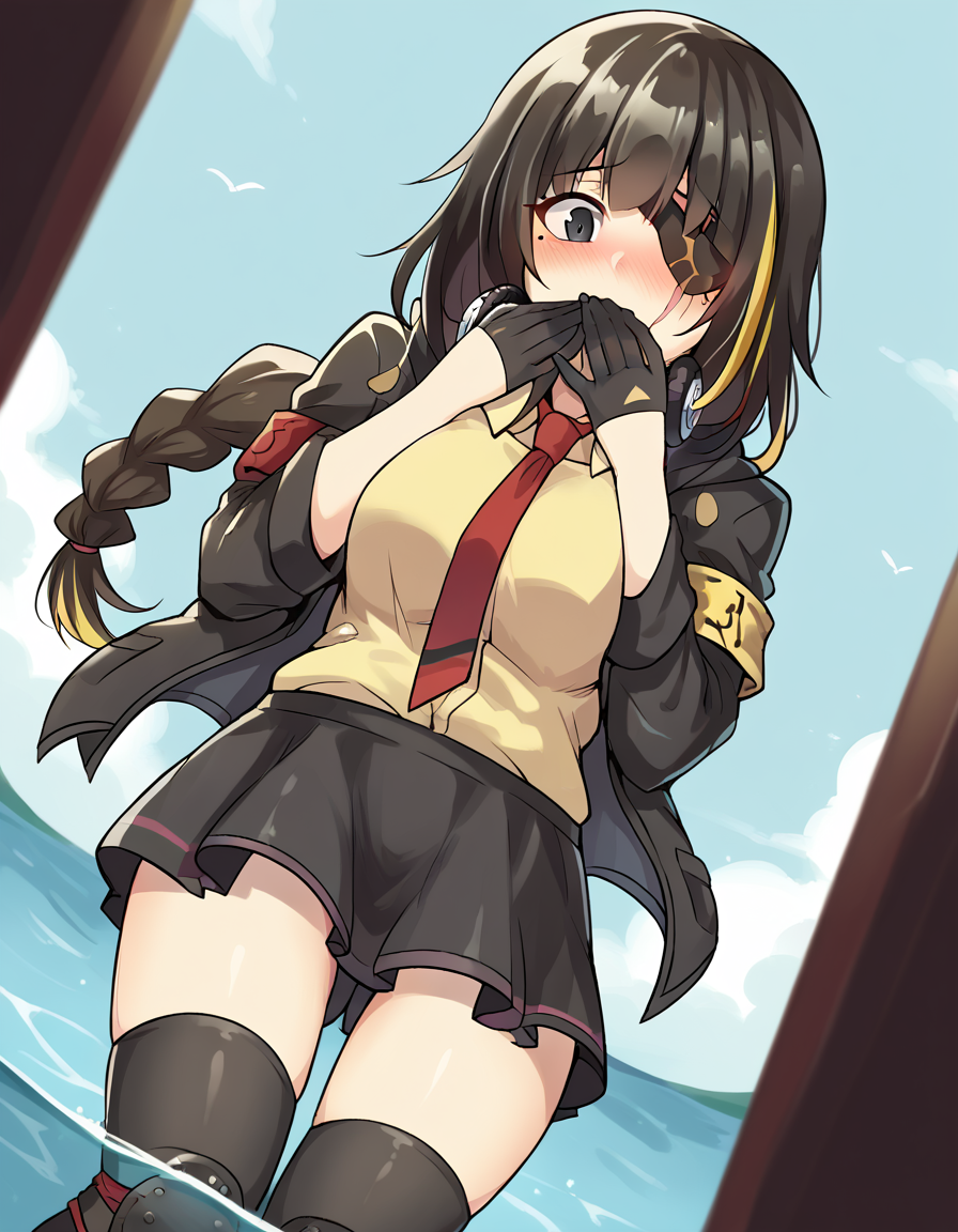 score_9, score_8_up, score_7_up, source_anime, <lora:girlsfrontline-m16a1-ponyxl-lora-nochekaiser:1>, m16a1, black hair, long hair, black eyes, streaked hair, yellow hair, bangs, braid, braided ponytail, eyepatch, mole, mole under eye, scar, scar on face,, armband, asymmetrical legwear, black gloves, black jacket, black legwear, black skirt, buttons, gloves, headphones, headphones around neck, hood, hooded jacket, jacket, knee pads, necktie, skirt, strap, unevent legwear, shirt, yellow shirt, hood down, mature female, medium breasts,, harbor, boats, water, dock, trade, smile, <lora:ring-box-ponyxl-lora-nochekaiser:1>, ring box, holding box, pov, pov hands,, blush, covering mouth, embarrassed, blush, bed room,, looking down, cowboy shot,, looking at viewer, solo,, dutch angle, cowboy shot