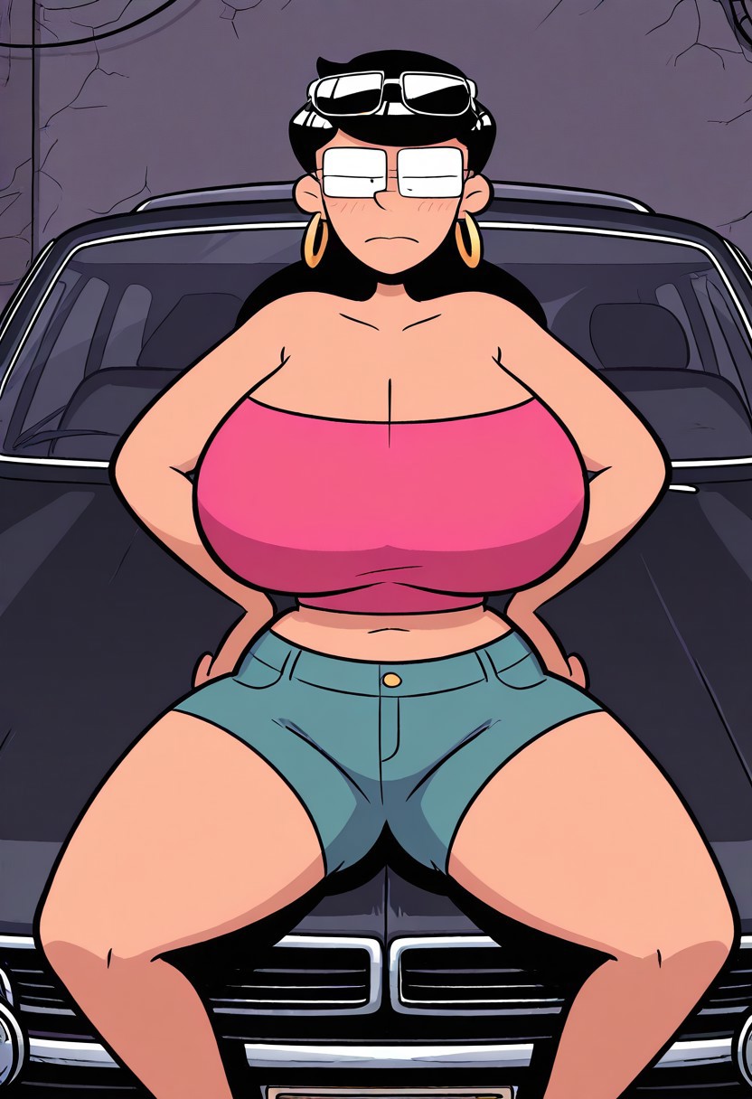 solo,1female,looking at viewer,huge breasts,hands pon hips,,black hair,glasses,
pink bandeau,shorts,hoop earrings,,sunglasses on head,alley background
,embarrassed,sadwhite limousine,  leaning back against car, elbows on car, hips forward legs extended, one knee bent, standing, looking off screen, sitting on car, upper body