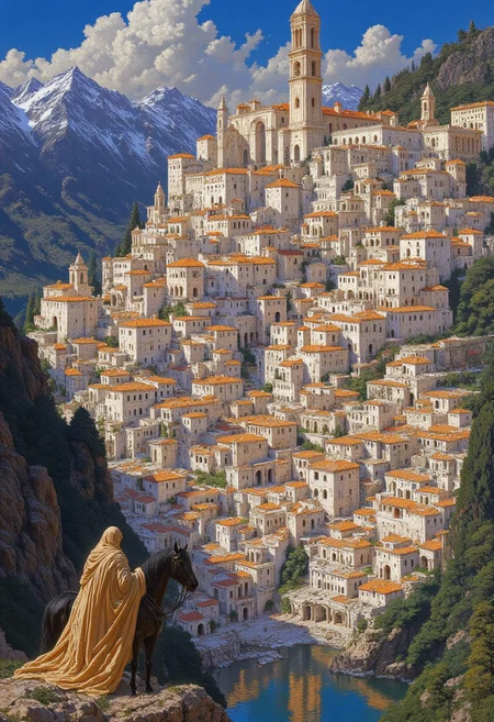 This vibrant digital artwork portrays a picturesque medieval town nestled in a mountainous landscape. In the foreground, a rider draped in a flowing light brown robe sits atop a black horse, their face obscured as they gaze over the town. The horse’s reflection is visible in a small, still pond below, adding an element of tranquility and depth.  
The midground features a tightly packed cluster of white-washed buildings with terracotta roofs, characteristic of Mediterranean architecture, cascading down the hillside. The buildings are closely arranged, forming a dense and visually striking pattern. Atop the highest point of the hill, a grand church with a towering bell tower stands, dominating the skyline and adding a sense of historical significance.  
The background showcases a majestic mountain range with snow-capped peaks, stretching beneath a clear blue sky dotted with fluffy white clouds. Natural light bathes the rugged landscape, emphasizing the texture and enhancing the sense of scale and distance. The artwork’s rich and vivid color palette, dominated by bright blues, whites, and earthy browns, balances realism with a dreamlike quality, capturing the essence of a timeless, idyllic landscape.