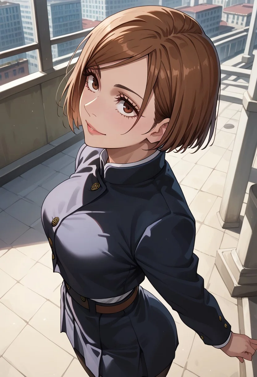 anime artwork, score_9, score_8_up, score_7_up, score_6_up, score_5_up, solo, perfect eyes, detailed eyes, beautiful female, detailed face, dynamics lines, 20 year old, perfect beautiful face, long eyelashes, sharp eyes pupils, city, (above view), side view, smile, medium breasts, wide hips, hips,,1 girl, nobara, brown hair, short hair, brown eyes, school uniform, black jacket, brown belt, black skirt, black pantyhose, brown loafers,