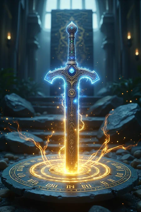 A low-angle view from the ground, focusing on an exquisitely crafted divine sword embedded in a stone altar. The sword features an intricately engraved hilt and crossguard, adorned with runes and encrusted with precious gemstones that glow softly. Along the blade, unique mystical symbols shimmer faintly, adding an ancient aura of power. The stone altar beneath the sword is inscribed with glowing, mysterious sigils that radiate energy. Surrounding the sword, swirling bands of gold and blue magical energy encircle it, intertwined with sealing runes that pulse with restrained power, further amplifying its mystical nature.
Behind the altar stands a tall, monolithic stone slab engraved with additional runes, adding depth and mystery to the scene. In the background, divine light streams down from above, casting a radiant halo around the sword and altar, further intensifying its celestial glow. Floating specks of glowing dust permeate the air, enhancing the magical ambiance.
Rendered in a high-contrast, vibrant color palette, the scene is depicted with ultra-realistic detail, capturing the intricate carvings on the sword, the shimmering runes, and the holy light that bathes the entire environment. Every texture is meticulously highlighted, from the smooth shine of the gems to the rough stone of the altar, in a surreal, hyper-realistic style that emphasizes the divine, ancient, and otherworldly power of the sword.
<lora:Aura_Flux:0.5>
<lora:Dever_Flux_Enhancer:0.5>