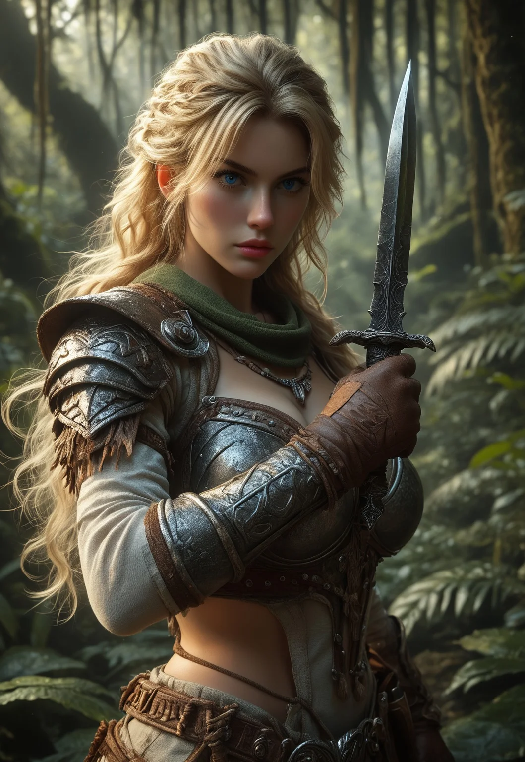score_7_up, rating_safe, adult woman, amazonian warrior, blue eyes, very long blonde hair, long hair, muscular female, curvy, ((full clothed tribal armor)), gloves, battle stance, holding weapon, knife, jungle, night, outdoors, solo, dramatic lighting, fantasy, detailed realistic photo,
Background: A dense, lush jungle at night, with towering trees and thick undergrowth. Moonlight filters through the canopy, casting dappled shadows and highlighting the dense foliage. The air is humid and filled with the sounds of nocturnal creatures. In the distance, the faint glow of bioluminescent plants adds a mystical touch to the scene.
Additional Details: The warrior's tribal armor is intricately designed with natural materials like leather, bones, and feathers, blending seamlessly with the jungle environment. Her gloves are made of tough, flexible material, perfect for gripping her knife. Her battle stance is confident and powerful, ready for any challenge. Her blue eyes gleam with determination, and her very long blonde hair cascades down her back, catching the moonlight. The dramatic lighting emphasizes her muscular and curvy physique, creating a striking and realistic portrait.
(european beauty girl, upper body)
(((((upper body))))), dynamic pose
 <lora:Dynamic Poses:1>
 <lora:detailed_notrigger:1>