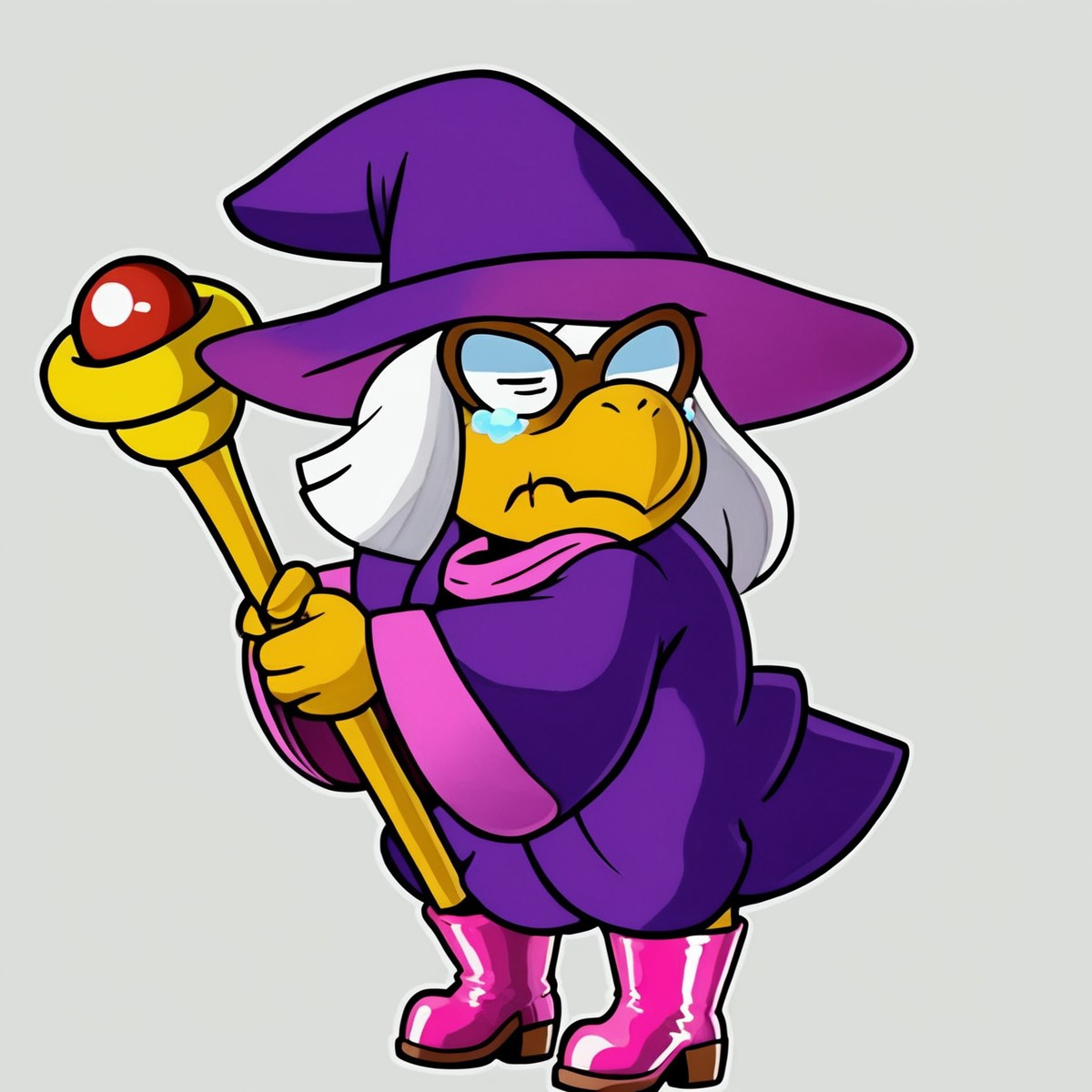 female,
<cartoon:1.5>,
<2d:1.5>,
kammy_koopa, granny_koopa, transparent background, solo, hat, witch hat,purple hat, purple robe, purple headwear, full body, white hair,  witch hat, holding, 1girl, wide sleeves, staff,boots,
<lora:Kammy_Koopa_Paper_Mario_Pony_SDXL:1> kammy_koopa <lora:90s4n1m3XLP:1> 90s4n1m3, sad,
sadness,
tears,
closed mouth,