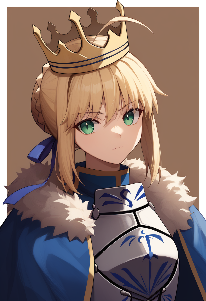 score_9,score_8_up,score_7_up,<lora:fate_zero_all:1>,1girl,absurdres,ahoge,artoria_pendragon_\(fate\),blonde_hair,blue_cloak,blue_ribbon,breastplate,brown_background,chinese_commentary,closed_mouth,commentary_request,crown,fur-trimmed_cloak,green_eyes,hair_ribbon,highres,long_hair,looking_at_viewer,sidelighting,simple_background,solo,upper_body,white_border,