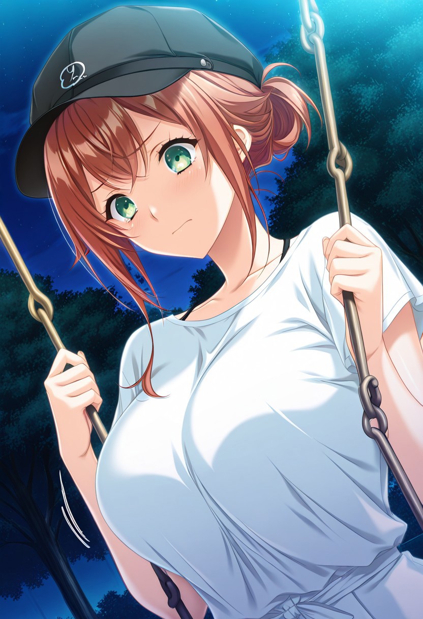 general,highres, ultra-detailed,very aesthetic,best quality ,best hands,masterpiece, best quality, newest, highres, score_9, score_8_up, score_7_up, source_anime, rating_explicit,1girl, yokota mamoru style,motion lines,,Very straight nose,slim,slender face,perfect nose
hanasaki koharu, blue eyes, orange hair,side hair,slim,big breasts,long hair, chest lenth hair,sidelocks
 anime screencap,
1girl, solo, green eyes, red hair, hat, night, swing, dutch angle, long hair, park, breasts