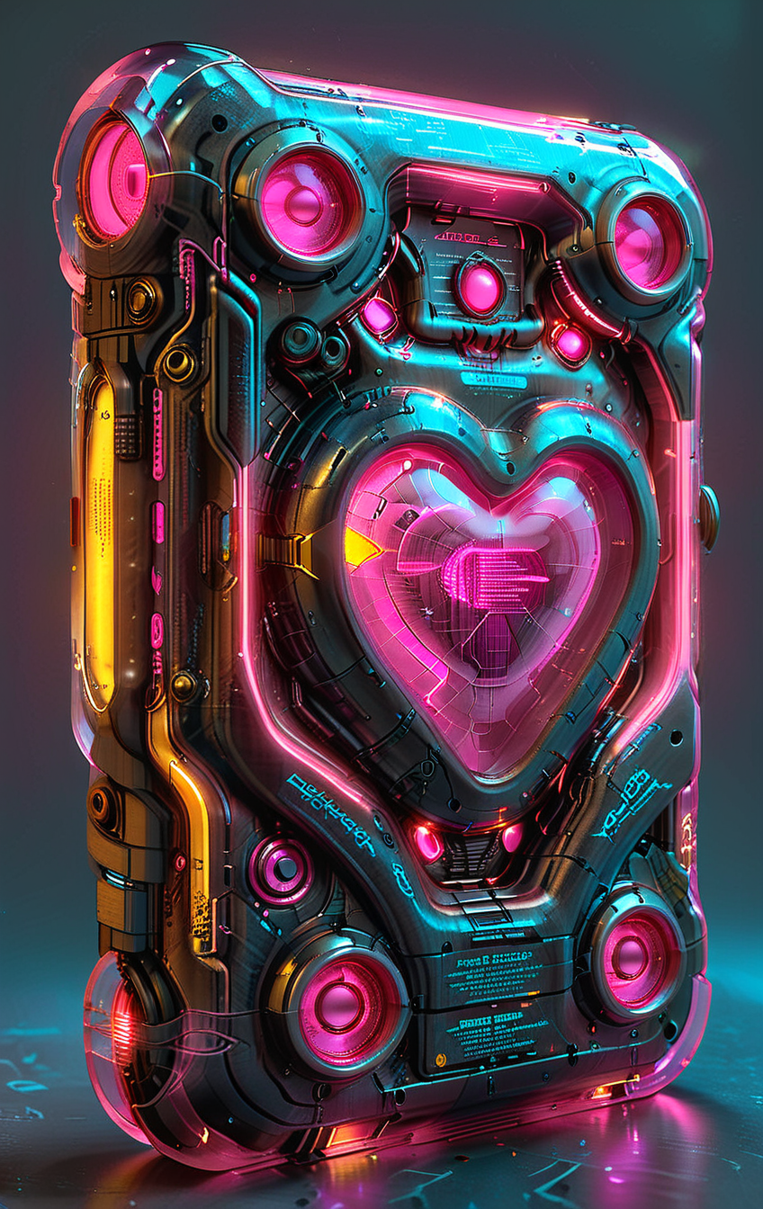 clear image, accurate picture, clear picture, precise image, focused image, Science fiction style, Science fiction, (carbon texture:2), pink glowing neon, neon hearts, neon heart aura,
(in ARTIST style:1.4), (masterpiece:1.8), (Frontal View:2) 
(Frontal View of device (science fiction texture, science fiction skin, someplastic, no humans, english text, simple background, grey background, retro, old style, old phone, device, wearable item), glowing neon, gray paint),
pink glowing neon elements, pink glowing neon heart,
(masterpiece:1.8), (highest detailed:1.8),
(angle:1.8), perfectly lighted, (contrast), (saturated), (((sharp focus))), (hyperdetailed:1.3), (intricate details:1.2), (Refined details:1.3), (best quality:1.5), highly detailed textures,
vibrant colors, <lora:add-detail-xl:0.7> (ultra sharp focus:1.8), (detailed skin:1.8), (detailed windows:1.8), (thin lines:1.8), (best quality:1.8),
<lora:Apparatus_-_Traction_City_Walkers_Vehicles:0.7>, <lora:Someplastic_V2:0.8>,
<lora:glowneon_xl_v1:0.7>