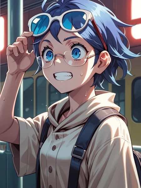 (cowboy shot, solo:1.1) <lora:happy_tentacle-ato-v0.4-000014:1>, ht_ato, blue hair, blue eyes, 1girl, small breasts, (petite:1.2), <lora:Shed_The_Skin's StS_age_slider_v1_initial_release:-1.1> ( ( semi-rimless eyewear , eyewear on head :1.2) :1.1) sweat ( , , ( surprised :1.2) , grin , (looking at another:1.2) :1.1) , outdoors, vegetation, ( :1.1), spring \(season\) , (dusk :0.6), (cloudy sky:0.6) , (:0.5), , ( :0.8), (train station :1.2) ( :0.8) score_9, score_8_up, score_7_up, score_6_up, score_5_up, score_4_up, [(realistic, photorealistic:1.2):(realistic:1.2):12] [(3d:1.2)::10] <lora:LUUNA's Lunas-NijiJourney-SDXL-B2:0.35>, nijijourney <lora:prgfrg23's Counterfeit-V3.0 Style SDXL_LoRA_Pony Diffusion V6 XL:0.35> <lora:mfcg's mfcgXL:0.12> <lora:reweik's gyokai(himehajime)_PonyXL_style_v01:0.14>