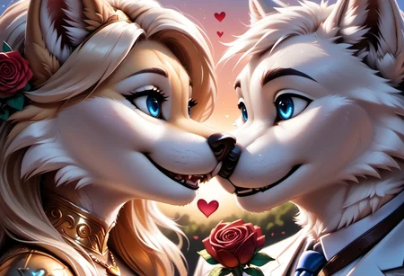 masterpiece, highres, super high resolution, anthro couple, female wolf, male wolf, voluptuous figure, long blond hair, golden fur, blue eyes, medium breasts, valentine theme, garden background, golden royal dress, golden hairband, leather belt, hearts, rose petals, white legwear, formal clothes, heart, looking in partner's eyes, golden rose-shaped necklace, hugs partner, danceing with partner,  anthro on anthro, open smile, sunset, close-up, F.M PDXL, realistic, highres, super high resolution, 8k, photo, whtfx, soft body fur, rostran style, radiance, light art,