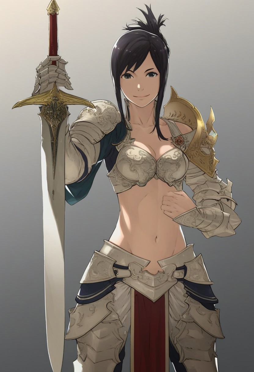 score_9, score_8_up, masterpiece,best quality,absurdres,firemblemStyle,solo,1girl,black hair,smile,holding,sword,armor,navel,cleavage
