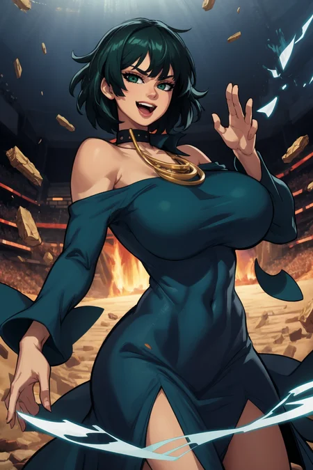 1girl, (solo:1.2), (masterpiece:1.2), (best quality:1.2), (perfect anatomy:1.4)
<lora:Eigaka [MockAi - v1.0]:0.8> eigaka, (huge breasts:1.4), (urvy:1.5), overflowing breasts, (skindentation:1.4)
(cowboy shot:1.5), (dynamic pose:1.5), (looking at viewer:1.5), (expressive face:1.5), (all around happy:1.5), (using psychokinesis:1.4), <lora:Fubuki [nochekaiser881 - v1.0]:1> fubuki, black hair, green eyes, short hair, black dress, dress, high collar, jewelry, necklace, off shoulder, taut clothes, taut dress, (post fight scenery:1.3), rubble, outside, daylight
