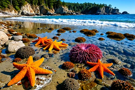 Stable_Yogis_PDXL_Positives,<lora:sdxl_lightning_8step_lora:1>,A vibrant rocky shoreline at low tide, revealing tide pools filled with colorful starfish, sea urchins, and other marine life, The sun illuminates the rocks, creating a lively and interactive coastal scene,âââ
