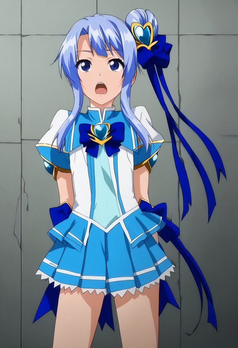 score_4_up, BREAK, aisei tenshi love mary,Anime coloring  ,1boy,archangel of love lapis,otoko no ko ,tomgirl,Blue eyes ,Blue hair,skirt,Blue skirt ,solo,open mouth,side ponytail,hair ornament,blue bow,pleated skirt,long hair,magical girl
