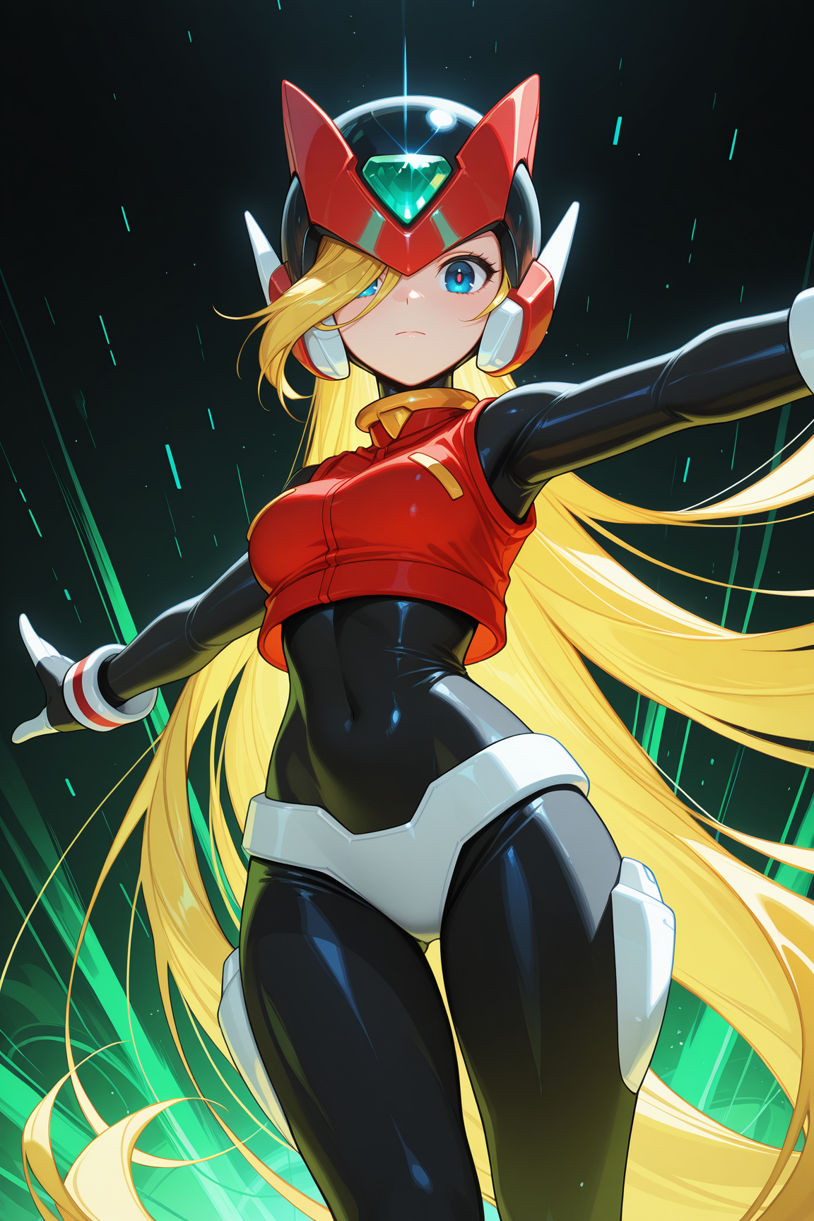 (high quality:1.1), detailed face, zeline, 1girl, solo, long hair, looking at viewer, blue eyes, blonde hair, medium breasts, very long hair, closed mouth, crop top, bodysuit, helmet, genderswap, genderswap \(mtf\), hair over one eye, spread arms, gloves, android, green forehead jewel, red vest, red headgear, two-tone bodysuit, two-tone wristband <lora:megaman_zero_final-14:1>