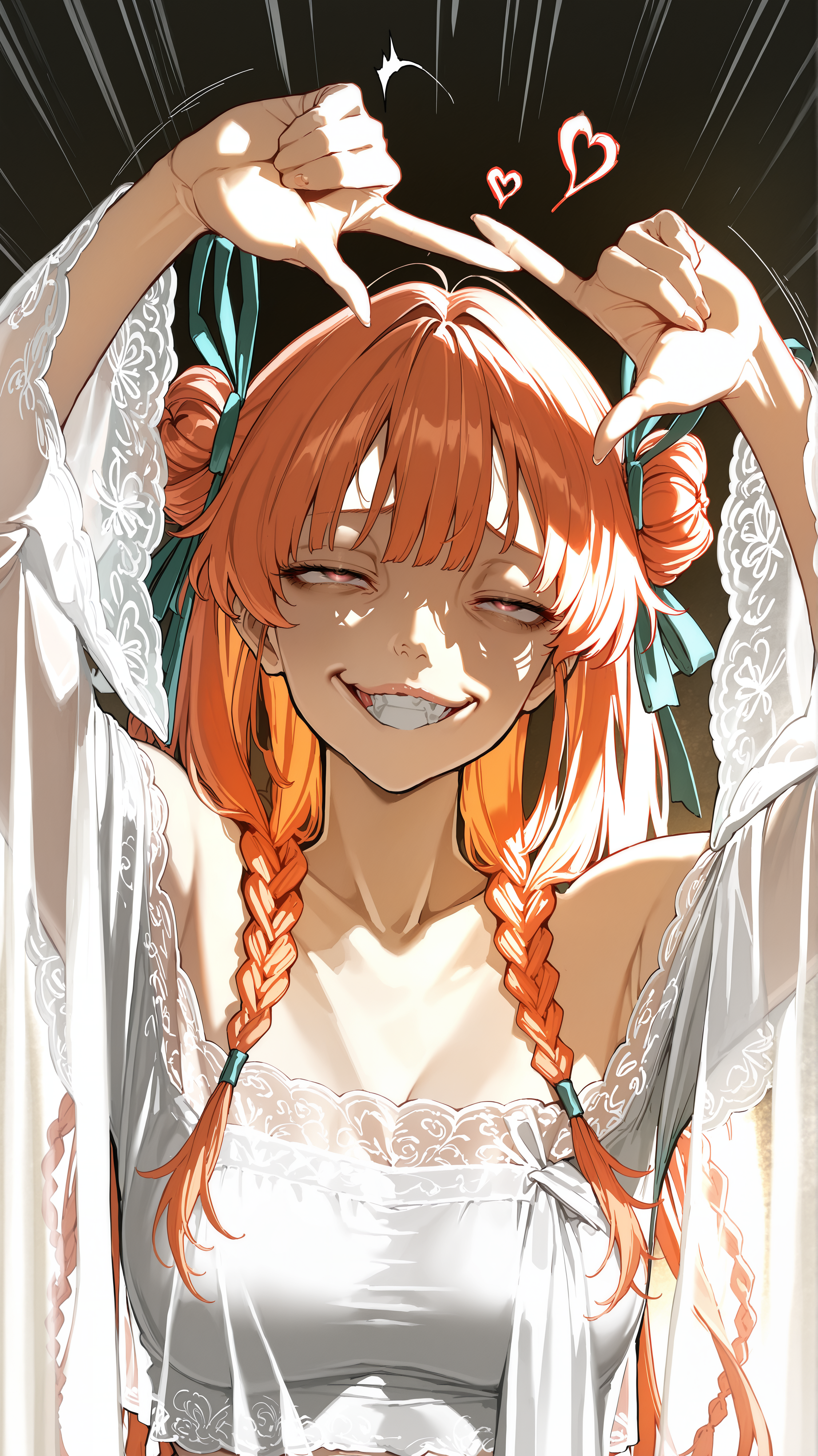 masterpiece, newest,absurdres,incrediblvy absurdres, best quality, amazing quality, very aesthetic, anime style,
1girl,  orange hair, twin side buns with trailing braids, loose curtain bangs, wavy tendrils framing face, hair ribbons intertwined,  off-shoulder crop top, sheer fabric, lace trim, flared sleeves, delicate embroidery, tight fit, troll face,  upper body, finger frame, front view, hearts, speed lines,
 <lora:Face_Enhancer_Illustrious:0.8> <lora:Anime_artist_illustrious_r1:1> Anime-art, Art8st   <lora:[Shinjiroya (Shinjiro)] Artist Style Illustrious_1621011:1> shinjiroyashinjiroil