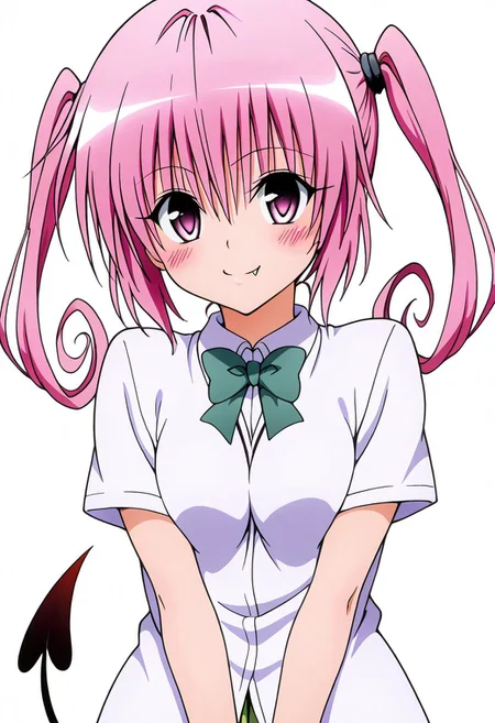 masterpiece, best quality, medium breasts, anime screenshot, to love-ru, to love-ru darkness, absurdres, highres, smile, naughty,
nana asta deviluke, fang, long hair, pink eyes, pink hair, tail, twintails,
nana asta deviluke, to love-ru, to love-ru darkness, highres, 10s, 1girl, blush, female focus, pink hair, school uniform, simple background, solo, white background