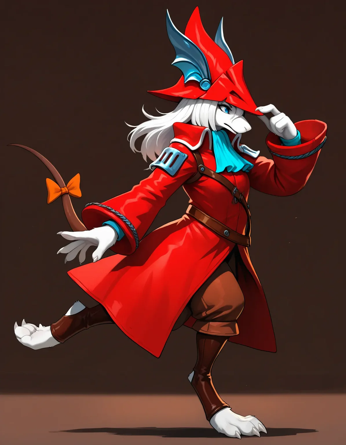 newest, masterpiece, best quality, beautiful lighting, very aesthetic, mixed media, detailed background, very awa, perfect composition, BREAK,
fluffy, tufts, furry, BREAK, FreyaC, white fur, white hair, blue eyes, brown tail, orange tailbow, red dragoon coat, ascot, leather gaiters, brown dragoon pants, leg raised, red dragoon hat, running, on one foot, touching hat, brown background, feet, from side, solo, 1girl,
<lora:Freya v11bNoob9s96:0.8> <lora:noobai_ep11_stabilizer_v0.138_fp16:0.8>